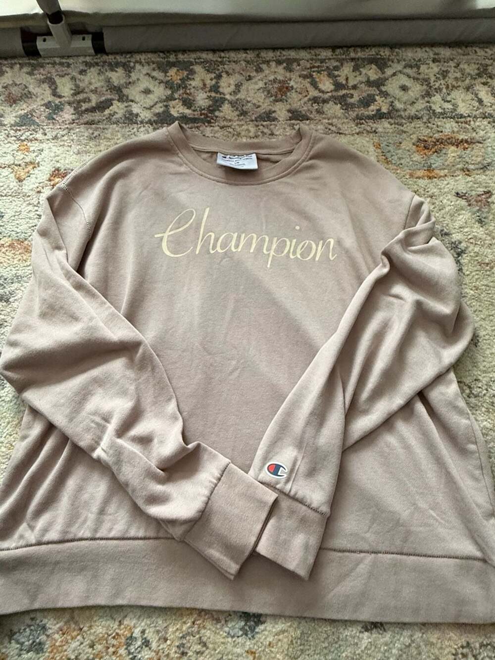 Champion Sweatshirt Size L Beige Script Logo Crewneck Pullover